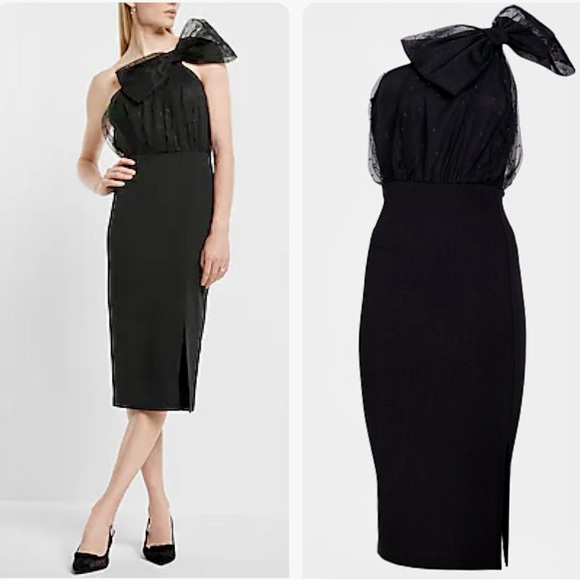 Express Black Mesh Polka Dot One Shoulder Bow Midi Sheath Dress size M - Picture 4 of 14